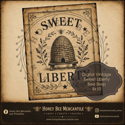 Sweet Liberty Bee Skep, 8x10, Digital Download, Printable, Decoupage, Vintage, Primitive