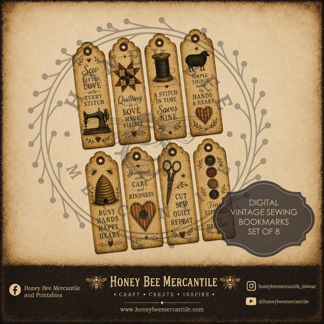 Vintage Sewing Bookmarks, Set of 10, Digital Download, Printable, Decoupage, Primitive, Craft Supplies