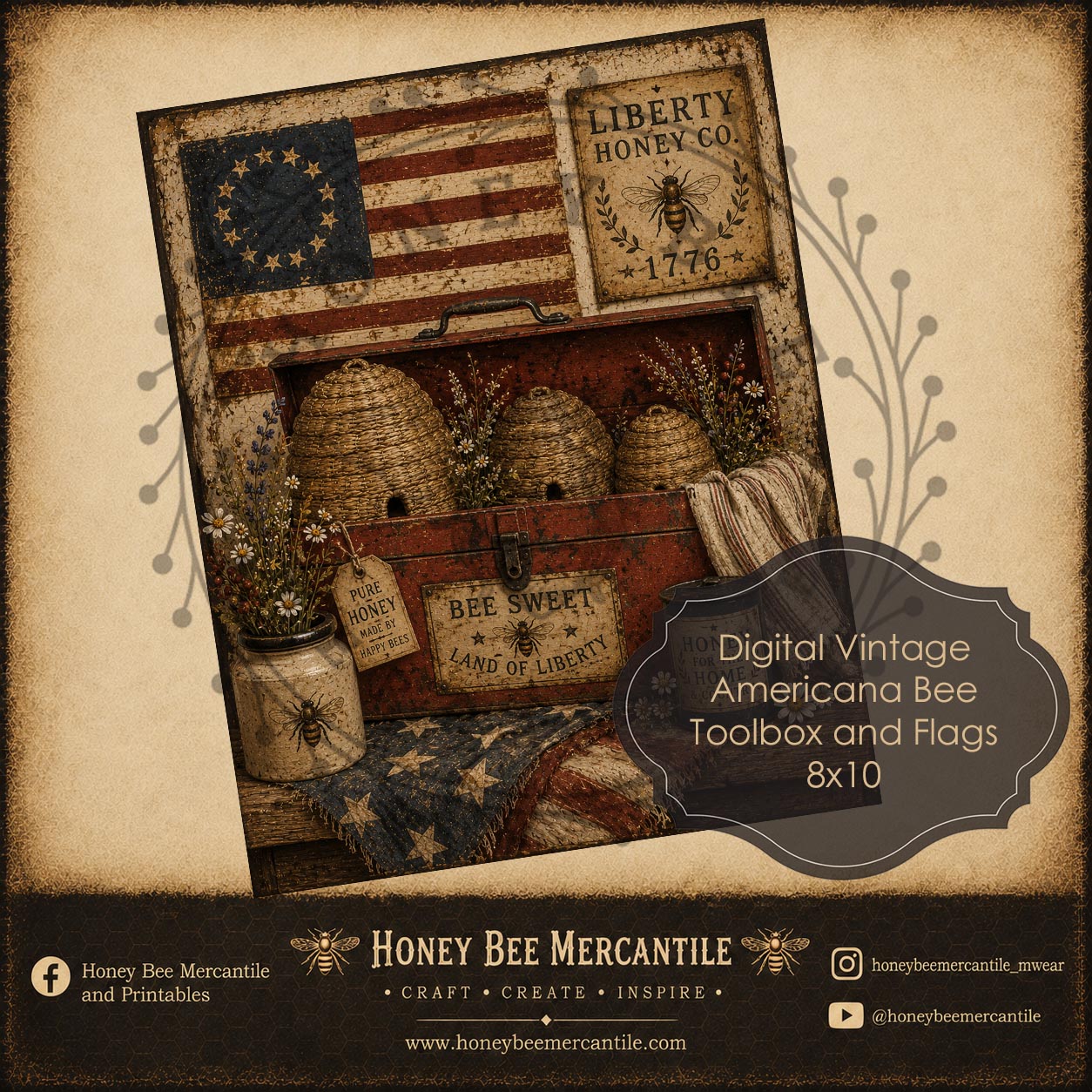 Americana Bee Skep Toolbox, 8x10, Digital Download, Printable, Decoupage, Vintage, Primitive
