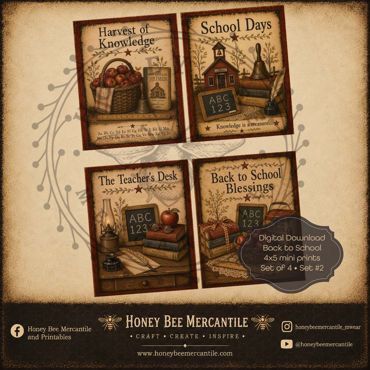 Back to School, 4x5 Mini Prints, Set of 4 Print, Digital Download, Printable, Decoupage, Craft Supplies, Set 2