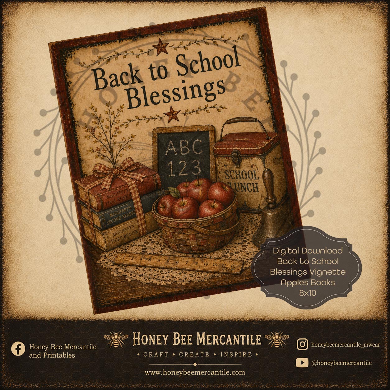 Back to School, Blessings Vignette, Apples and Books, 8x10 Print, Digital Download, Printable, Decoupage, Craft Supplies