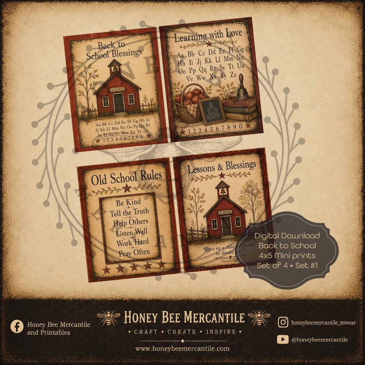Back to School, 4x5 Mini Prints, Set of 4 Prints, Digital Download, Printable, Decoupage, Craft Supplies, Set 1