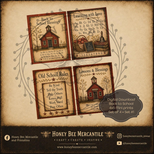 Back to School, 4x5 Mini Prints, Set of 4 Prints, Digital Download, Printable, Decoupage, Craft Supplies, Set 1