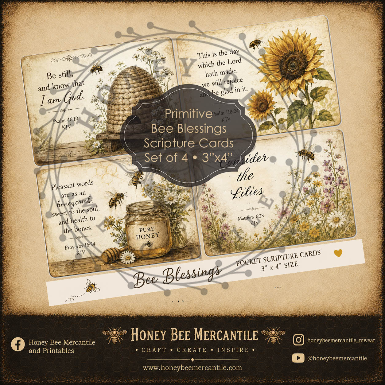 Primitive Bee Blessings Primitive Scripture Cards, Set of 4, 3x4