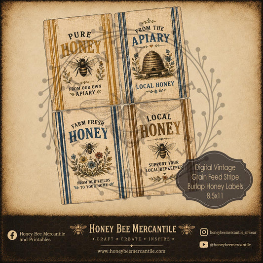 Burlap Grain Feed Stripe Honey Labels, 8.5x11, Digital Download, Printable, Decoupage, Vintage, Primitive, Set 1