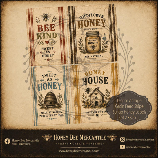 Burlap Grain Feed Stripe Honey Labels, 8.5x11, Digital Download, Printable, Decoupage, Vintage, Primitive, Set 2
