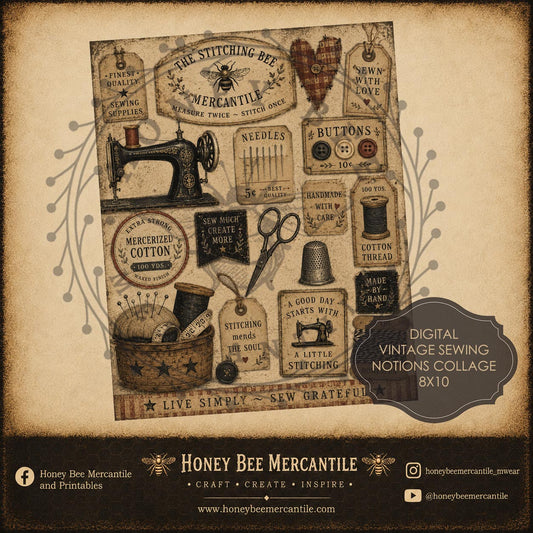 Vintage Sewing Notions Collage, Digital Download, Printable, Decoupage, Primitive, Craft Supplies