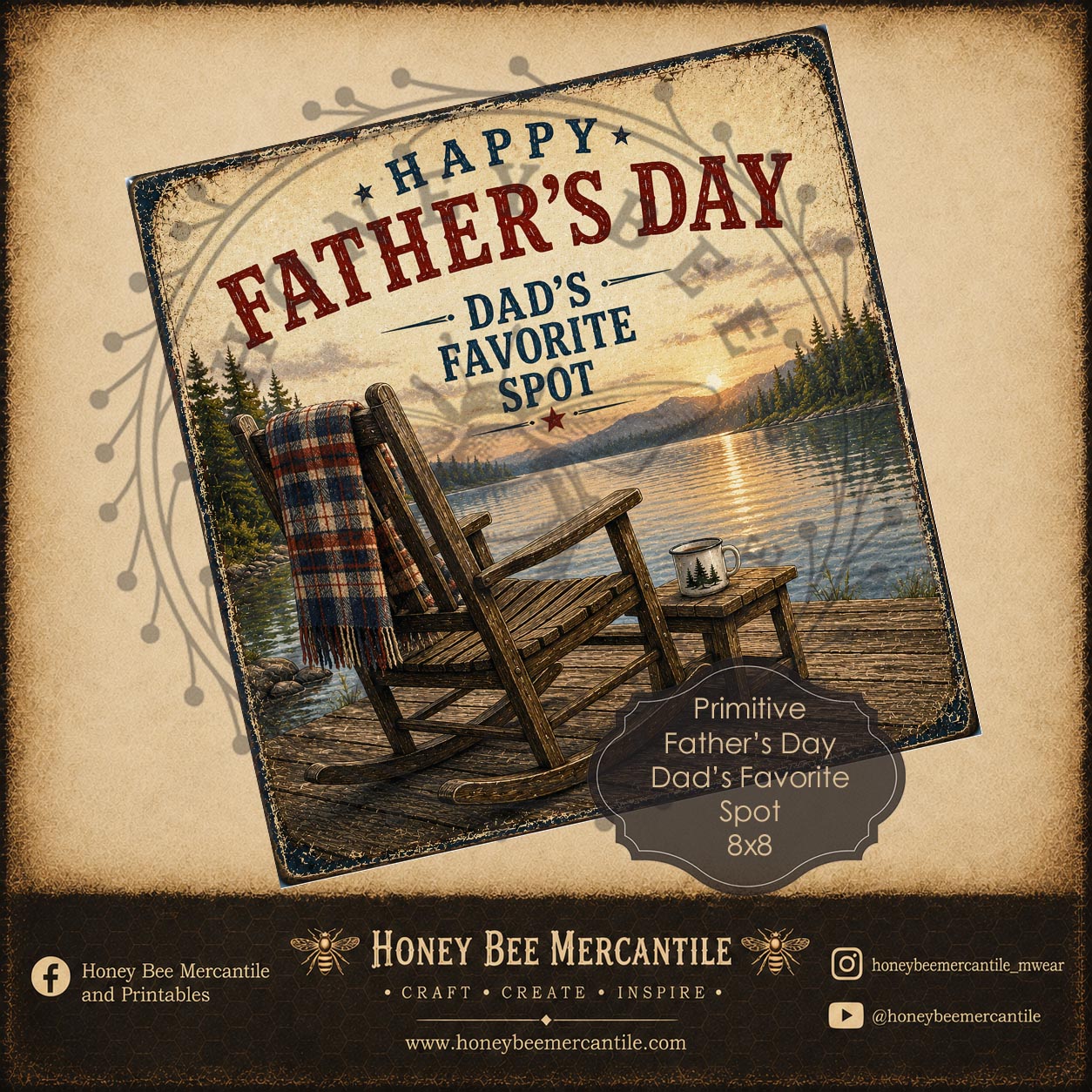 Dad's Favorite Spot, Lake Dad's, 8x8 print, Happy Father's Day Printable, Vintage