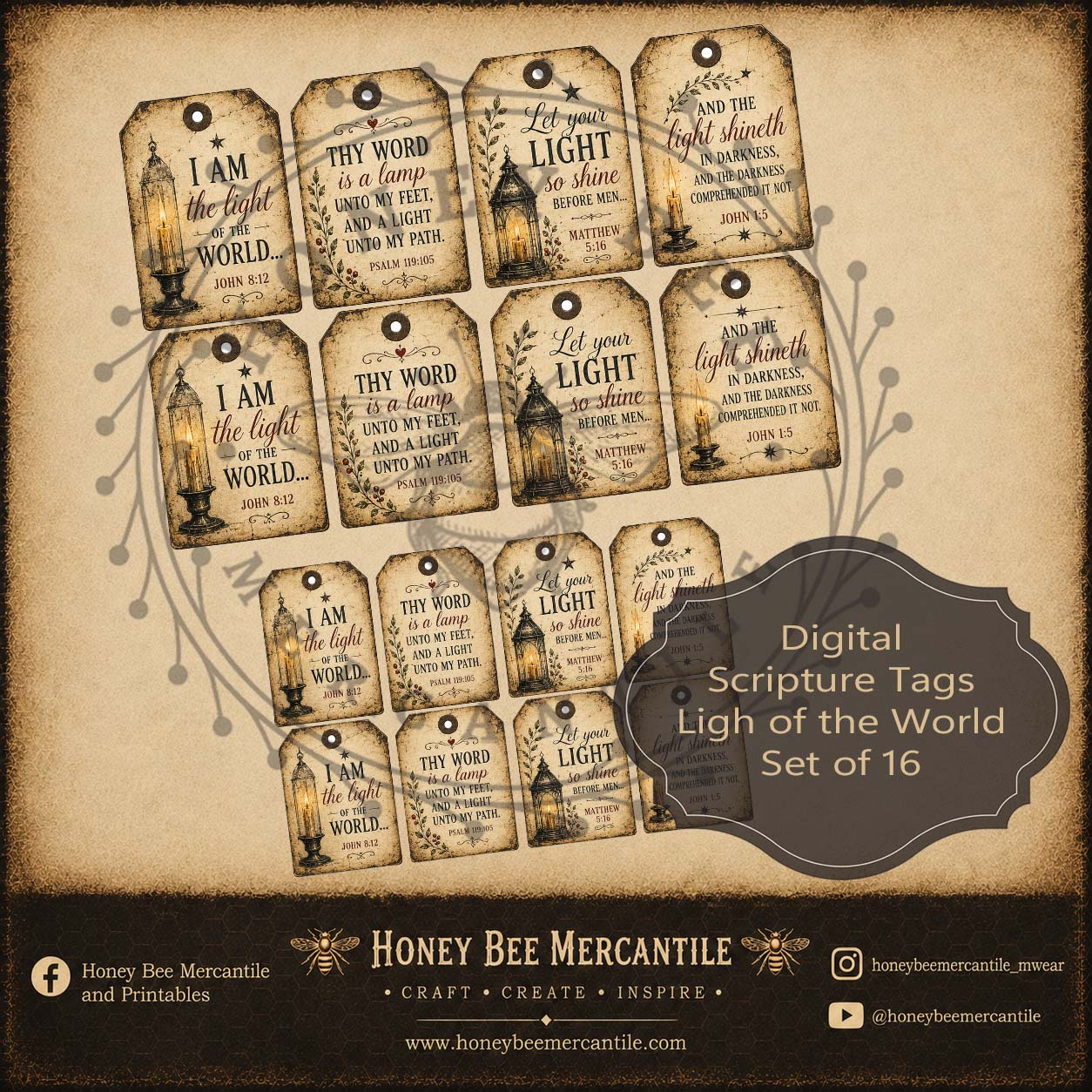 Digital Download - Primitive Vintage Style Light of the World Scripture Hang Tags Set of 16