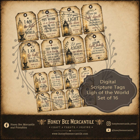 Digital Download - Primitive Vintage Style Light of the World Scripture Hang Tags Set of 16