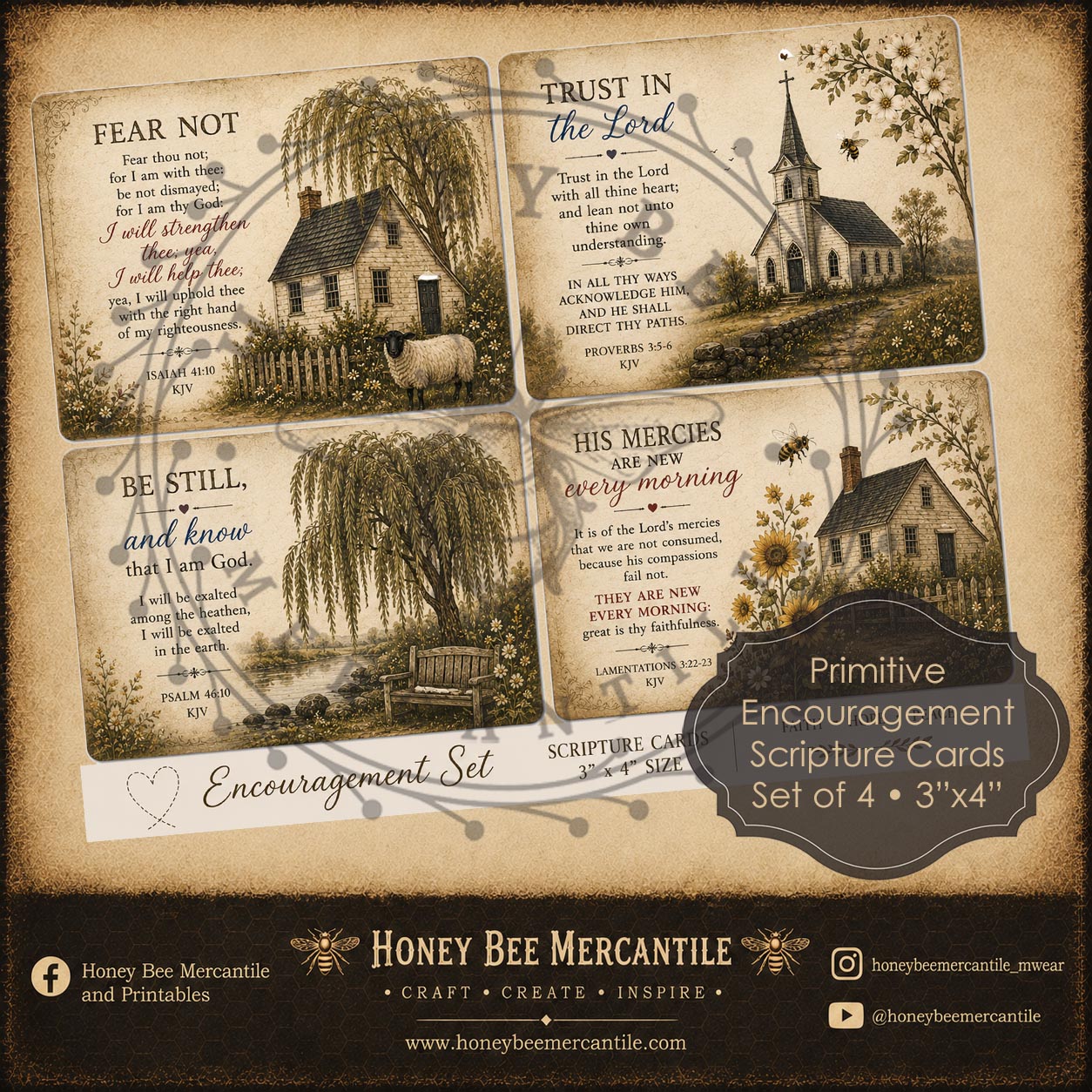 Encouragement Scripture Cards, Set of 4, 3x4, Primitive, Digital Download, Vintage Digital Cards