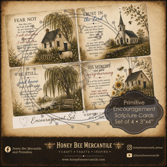 Encouragement Scripture Cards, Set of 4, 3x4, Primitive, Digital Download, Vintage Digital Cards