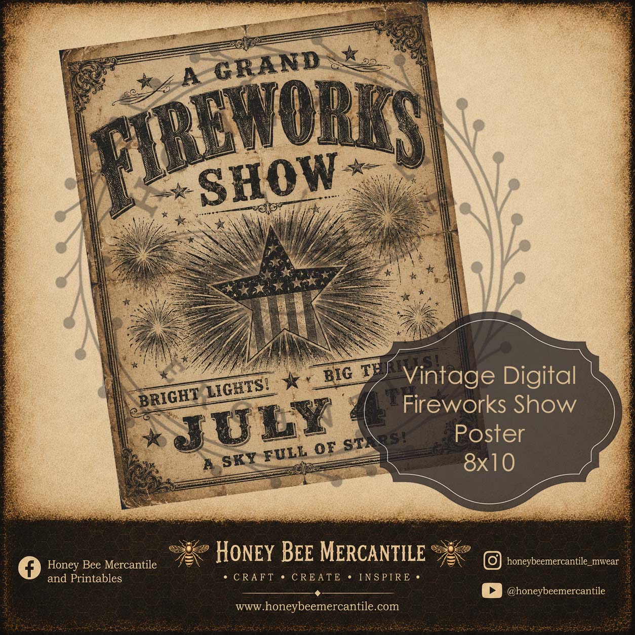 4th of July Fireworks Show Poster, 8x10, Digital , Printable, Decoupage, Vintage, Primitive