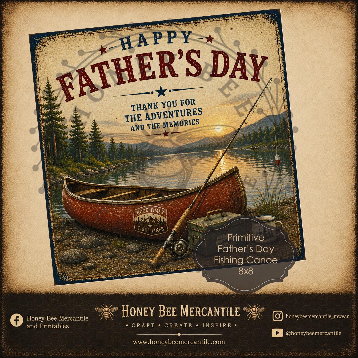 Dad's Fishing Canoe, 8x8 print, Happy Father's Day Printable, Vintage, Instant Download