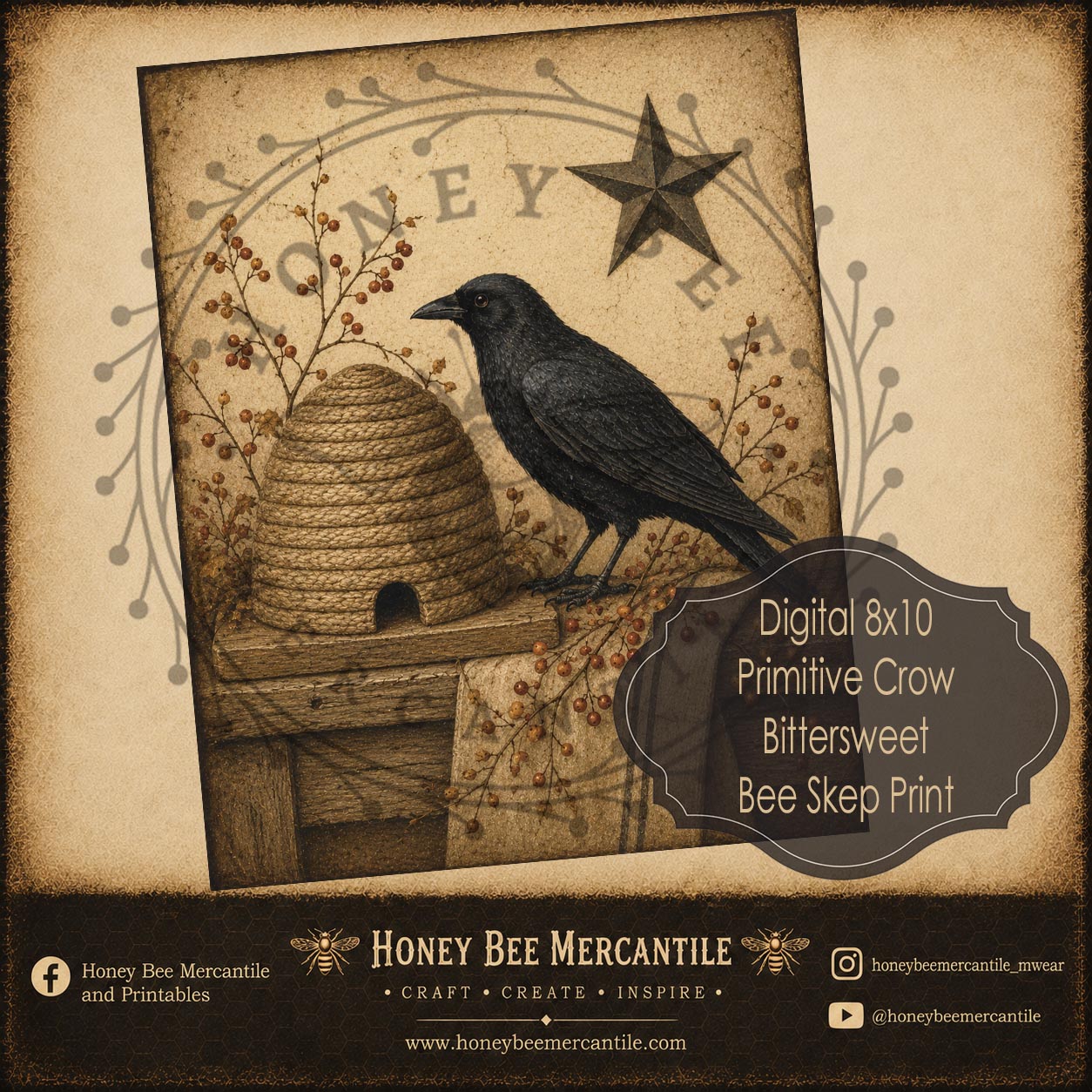 Primitive Crow, Bee Skep, Bittersweet, 8x10 Print, Digital Download, Printable, Decoupage, Craft Supplies