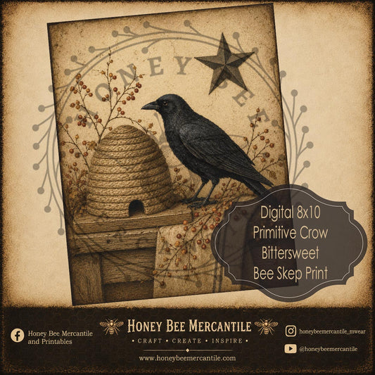 Primitive Crow, Bee Skep, Bittersweet, 8x10 Print, Digital Download, Printable, Decoupage, Craft Supplies