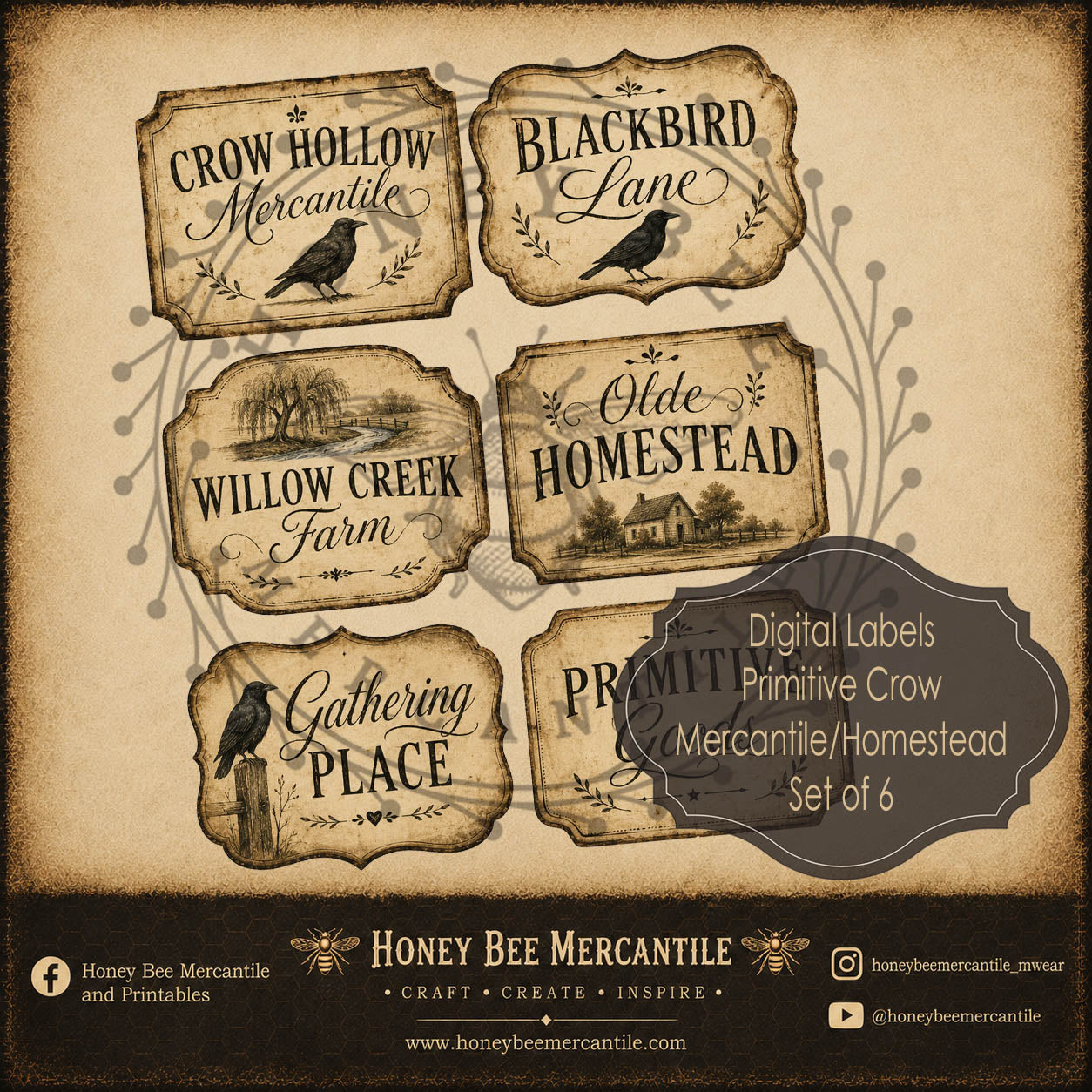 Primitive Crow, Mercantile Homestead, Set of 6 Labels, Digital Download, Printable, Decoupage, Craft Supplies