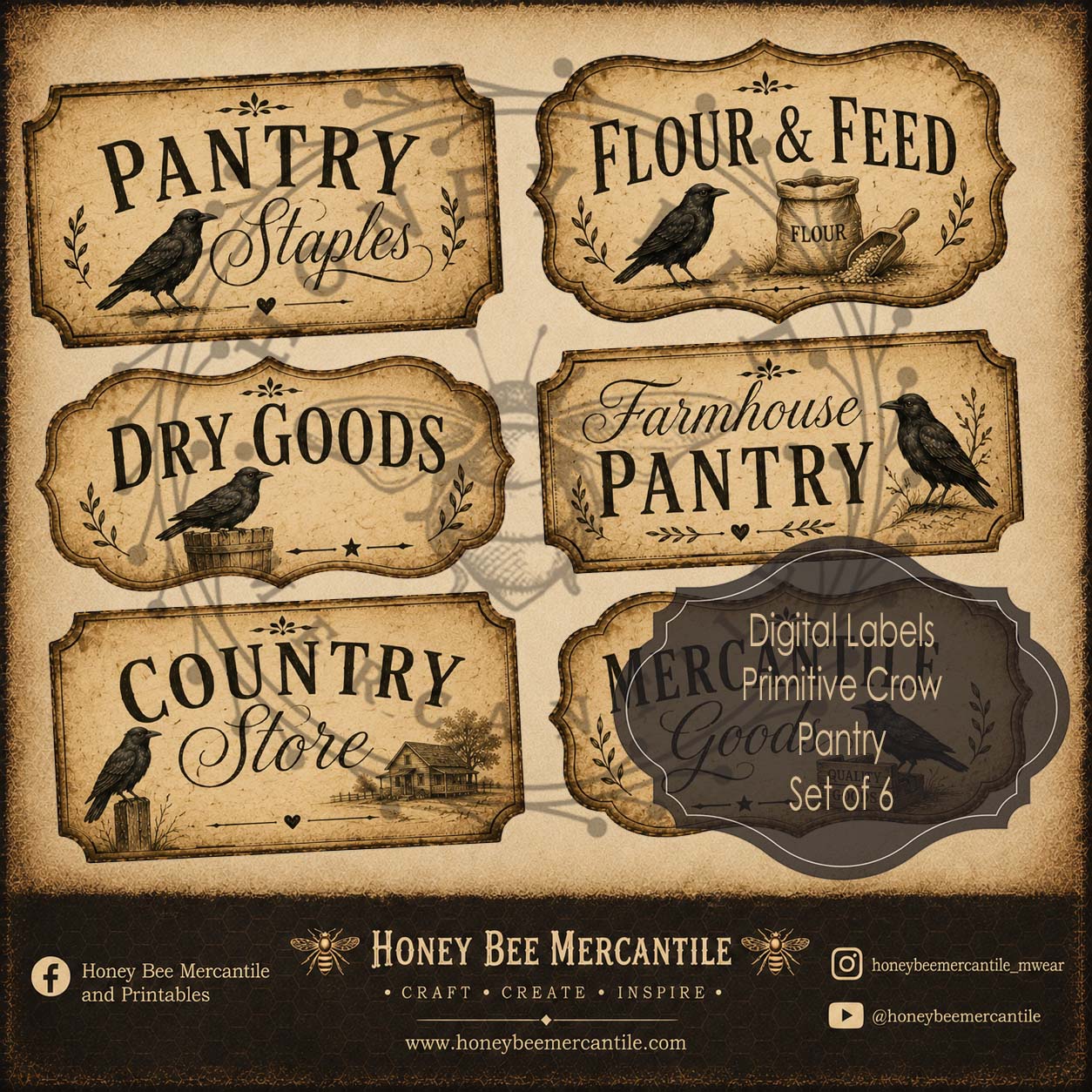 Primitive Crow, Pantry Labels, Set of 6 Labels, Digital Download, Printable, Decoupage, Craft Supplies