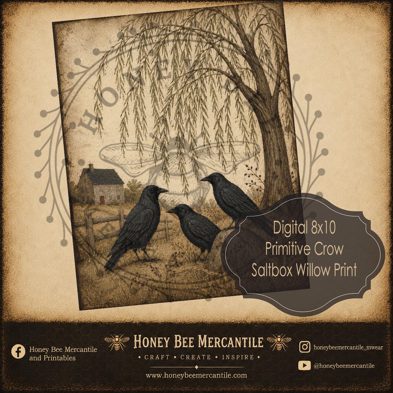 Primitive Three Crows, Saltbox, Willow, 8x10 Print, Digital Download, Printable, Decoupage, Craft Supplies
