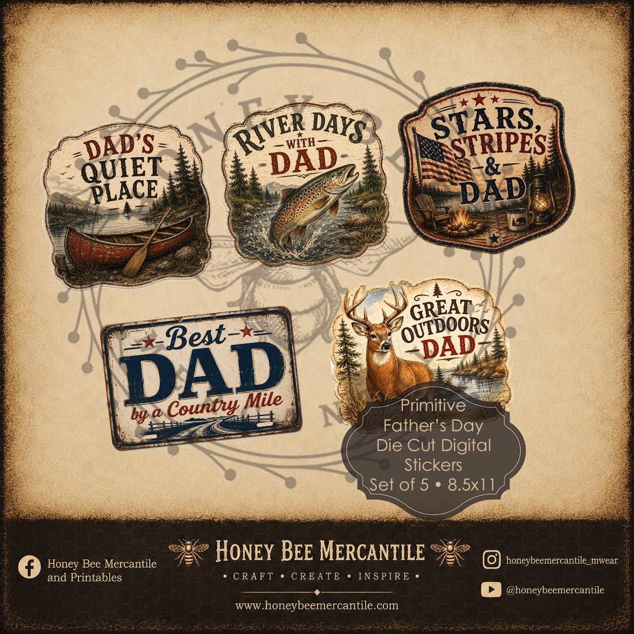 Primitive Die Cut, Happy Father's Day Digital Stickers, Printable, Vintage, Instant Download, Set of 5