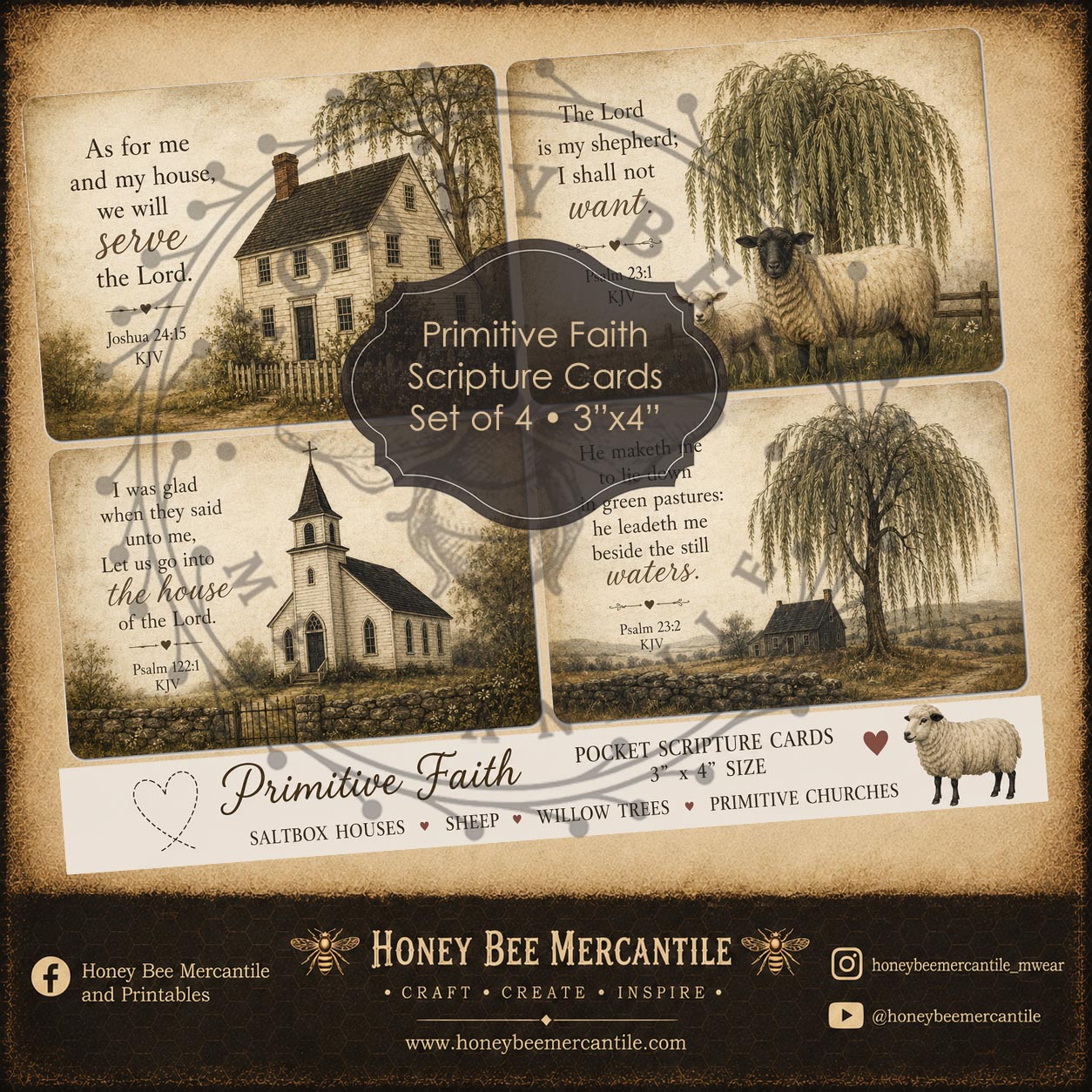Primitive Faith Scripture Cards, Set of 4, 3x4, Digital Download, Vintage Digital Cards