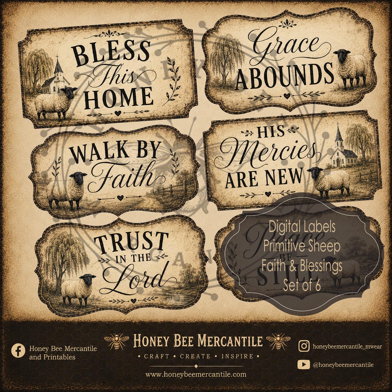 Primitive Sheep, Faith and Blessings Labels, Set of 6, Digital Download, Printable, Decoupage, Craft Supplies