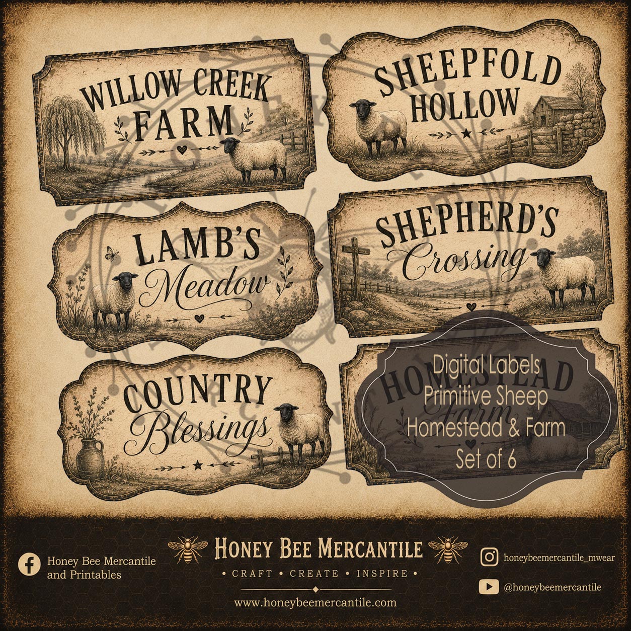 Primitive Sheep Labels, Homestead and Farm, Set of 6 Labels, Digital Download, Printable, Decoupage, Craft Supplies
