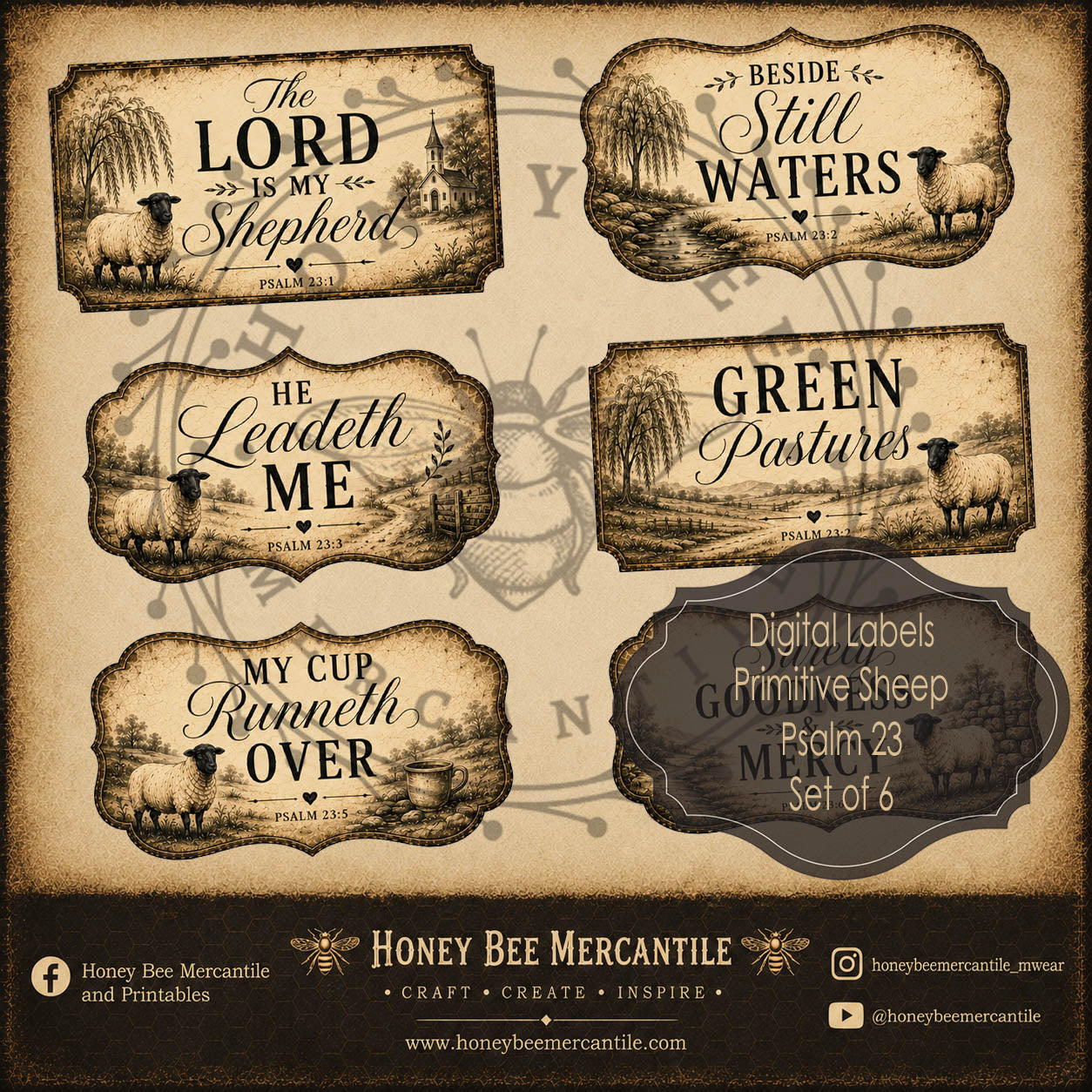 Primitive Sheep, Psalm 23 Labels, Set of 6, Digital Download, Printable, Decoupage, Craft Supplies