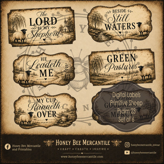 Primitive Sheep, Psalm 23 Labels, Set of 6, Digital Download, Printable, Decoupage, Craft Supplies