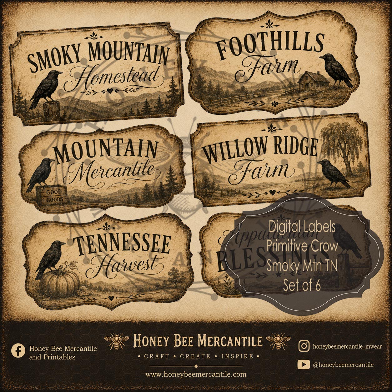 Smoky Mountain Labels, Set of 6, Digital Download, Printable, Decoupage, Craft Supplies