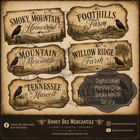 Smoky Mountain Labels, Set of 6, Digital Download, Printable, Decoupage, Craft Supplies