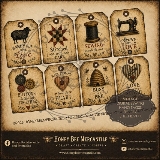 Vintage Sewing Digital Hang Tags, Digital Download, Printable, Decoupage, Primitive, Craft Supplies