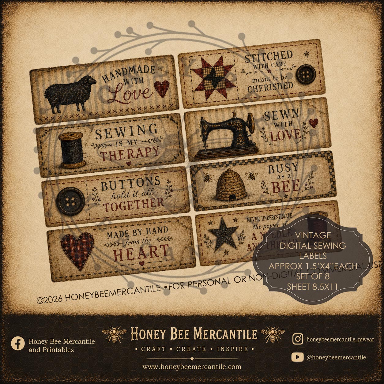 Vintage Sewing Labels, Set of 8, Digital Download, Printable, Decoupage, Primitive, Craft Supplies