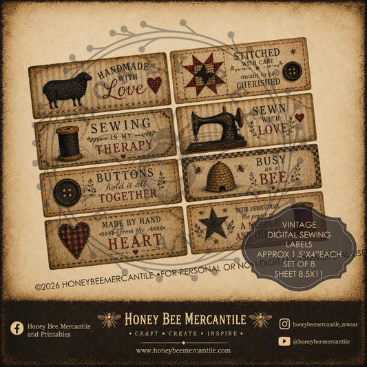 Vintage Sewing Labels, Set of 8, Digital Download, Printable, Decoupage, Primitive, Craft Supplies