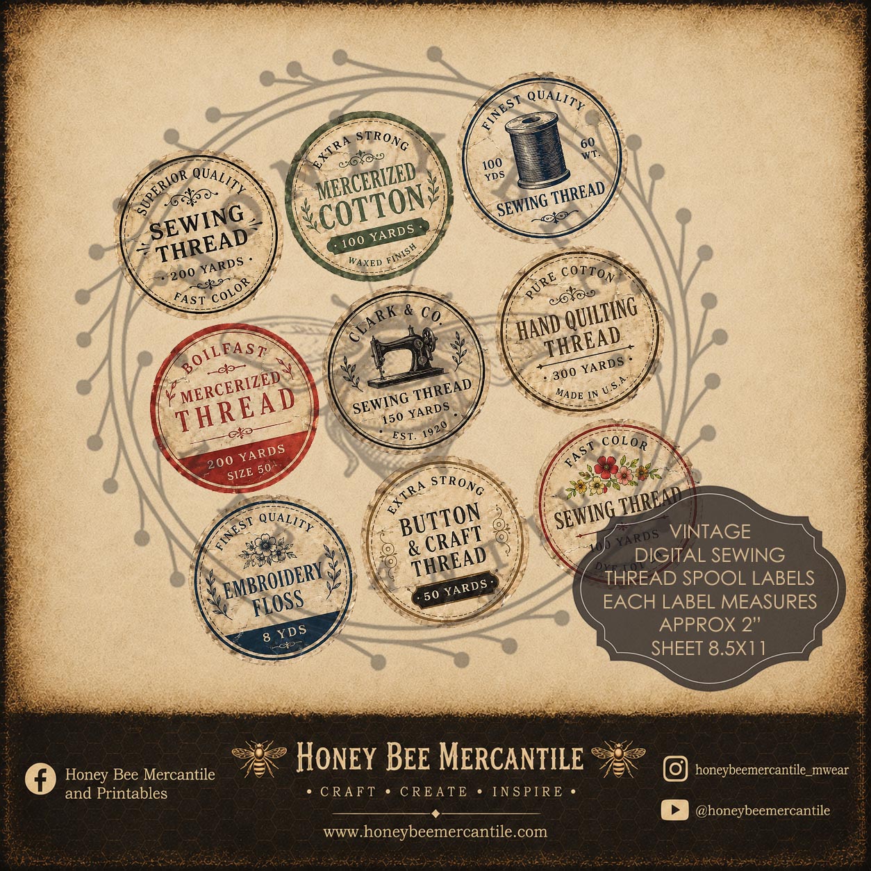 Vintage Sewing Thread Spool Labels, Digital Download, Printable, Decoupage, Primitive, Craft Supplies