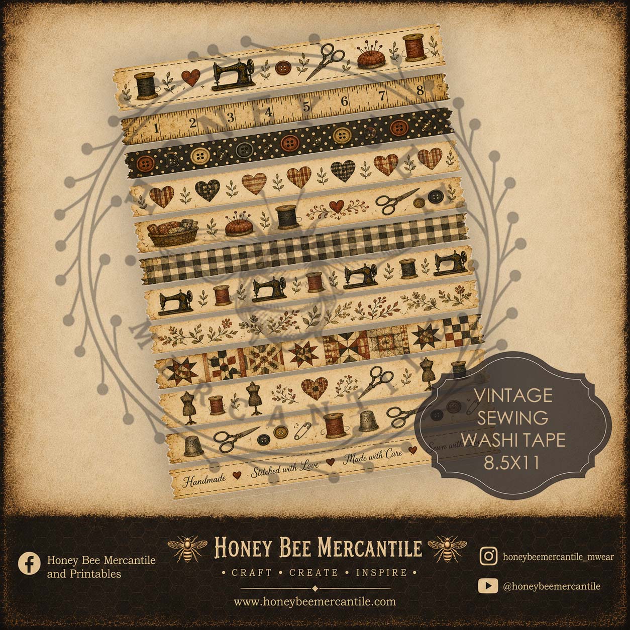 Vintage Sewing Washi Tape, Digital Download, Printable, Decoupage, Primitive, Craft Supplies