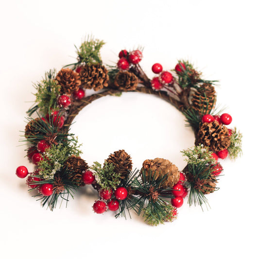 Iced Red Berries & Pinecones Candle Ring