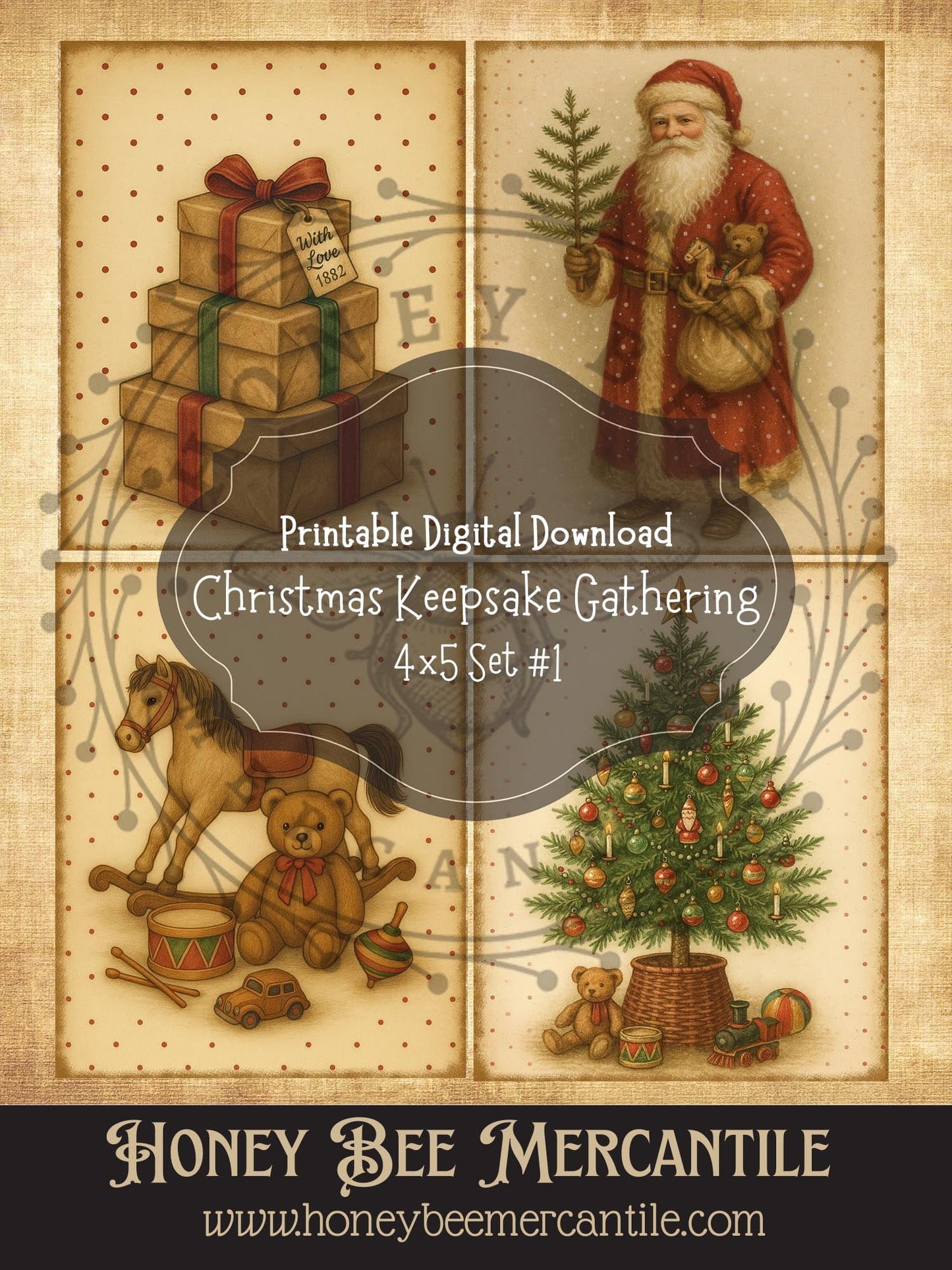 The Christmas Keepsake Collection, Vintage Holiday Art Prints, 4x5 printable designs, Digital Download,  Decoupage, Primitive, Set 1