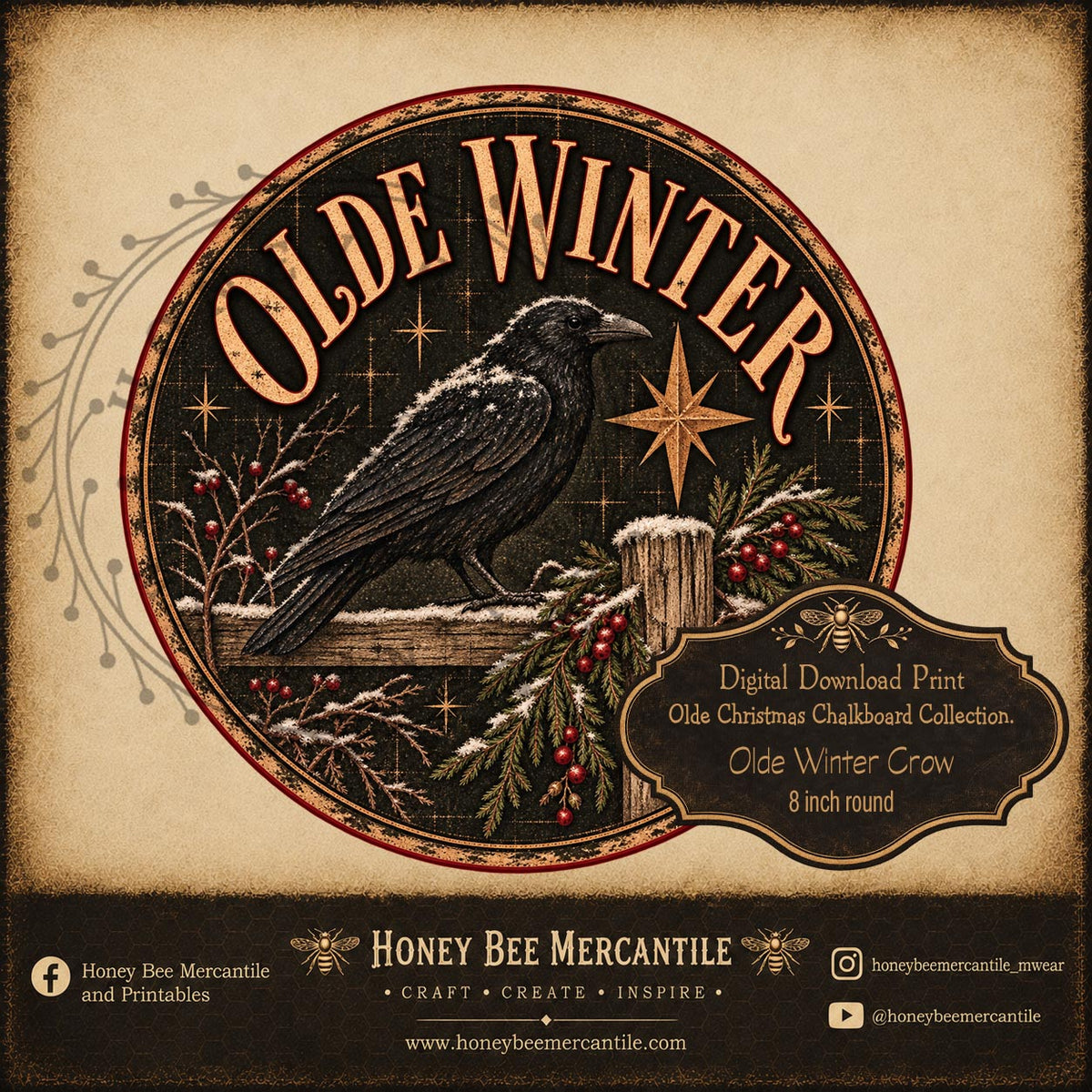 Olde Christmas Chalkboard Collection, Olde Winter Crow, 8 inch round, Digital Download, Printable, Decoupage, Craft Supplies