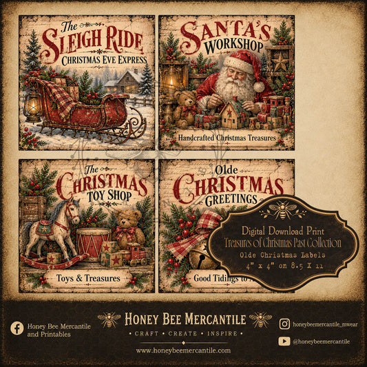 Treasures of Christmas Past Collection, 4 inch Labels, Set of 4, Digital Download, Printable, Decoupage, Craft Supplies
