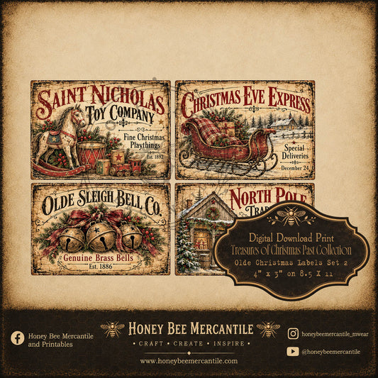 Treasures of Christmas Past Collection, 4x3 Old Christmas Labels, Set of 4, Digital Download, Printable, Decoupage, Craft Supplies