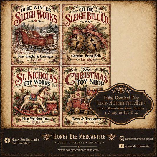 Treasures of Christmas Past Collection, Olde Christmas Mini Prints, 4x5, Set of 4, Digital Download, Printable, Decoupage, Craft Supplies
