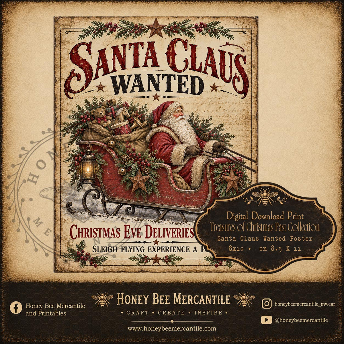 Treasures of Christmas Past Collection, Santa Claus Wanted Poster, 8x10, Digital Download, Printable, Decoupage, Craft Supplies