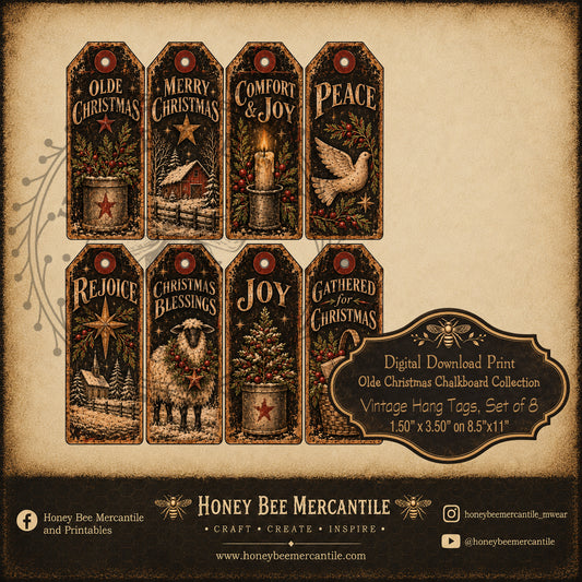 Olde Christmas Chalkboard Collection, Hang Tags, Set of 8, Digital Download, Printable, Decoupage, Craft Supplies