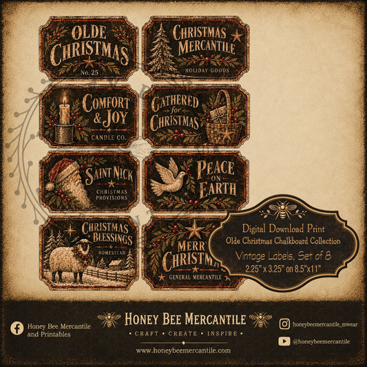 Olde Christmas Chalkboard Collection, Labels, Set of 8, Digital Download, Printable, Decoupage, Craft Supplies
