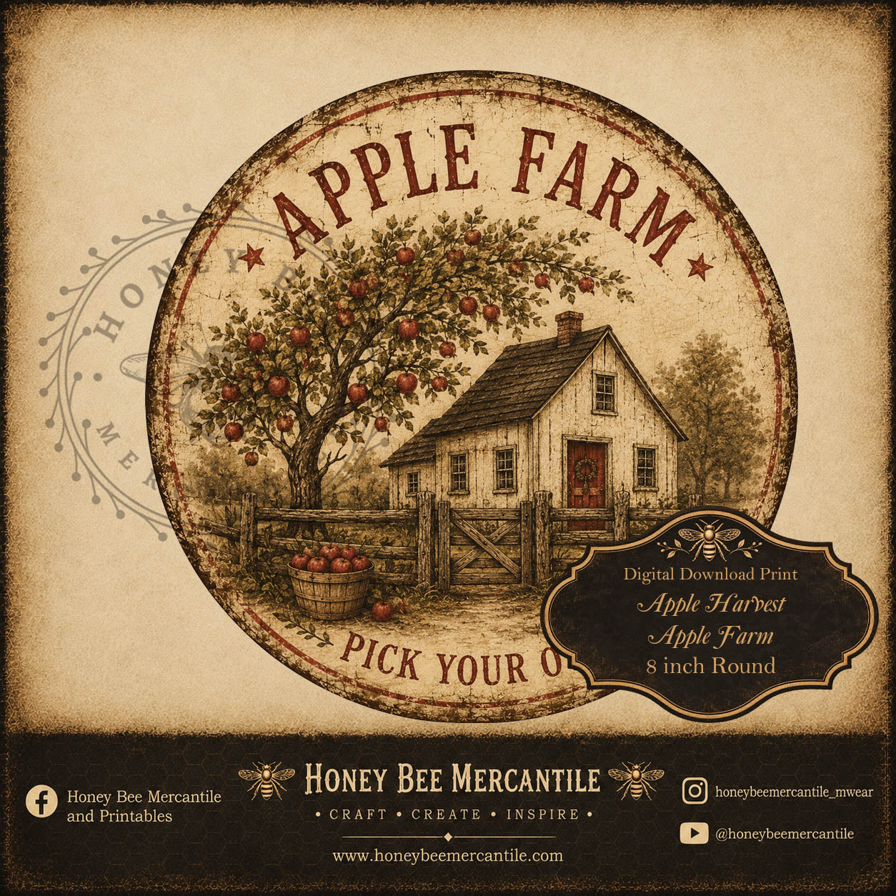 Apple Harvest Apple Farm Print, 8 inch round, Digital Download, Printable, Decoupage, Craft Supplies