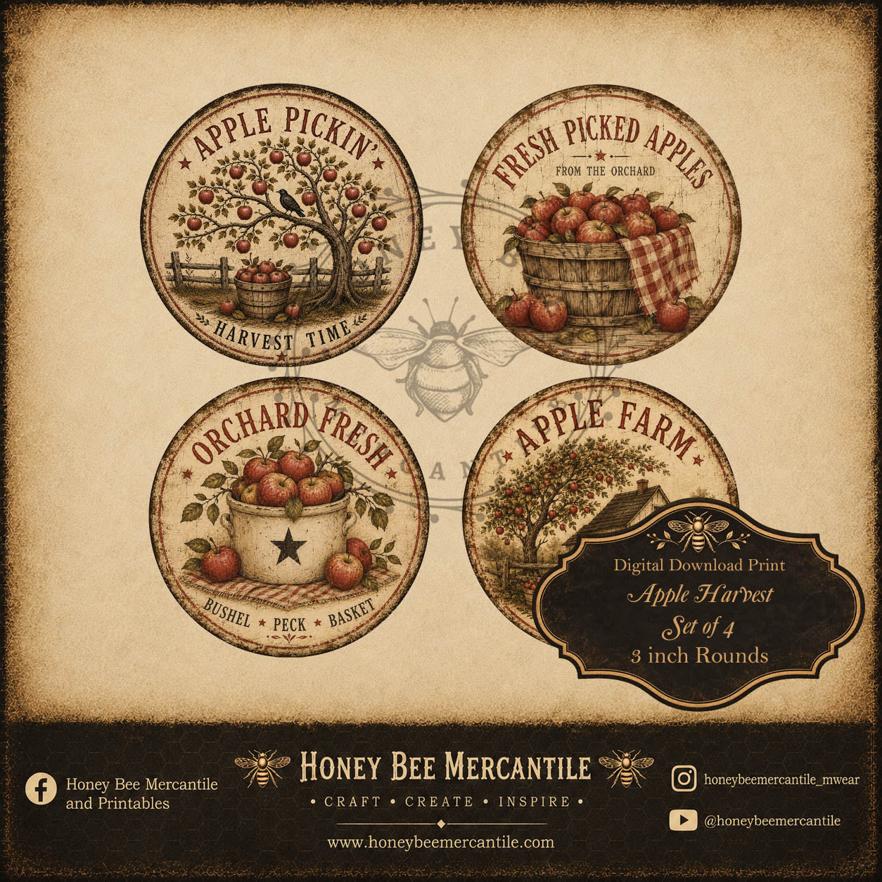 Apple Harvest, Set of 4, 3 inch rounds, Digital Download, Printable, Decoupage, Craft Supplies