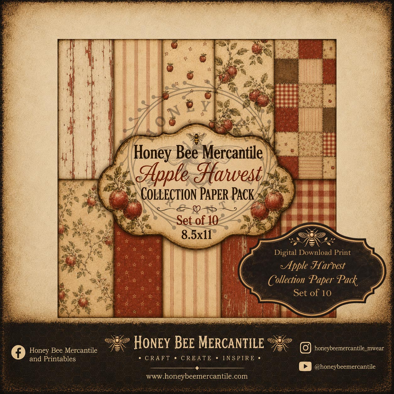Apple Harvest Collection Paper Pack, Set of 10, Digital Download, Printable, Decoupage, Craft Supplies, 8.5x11