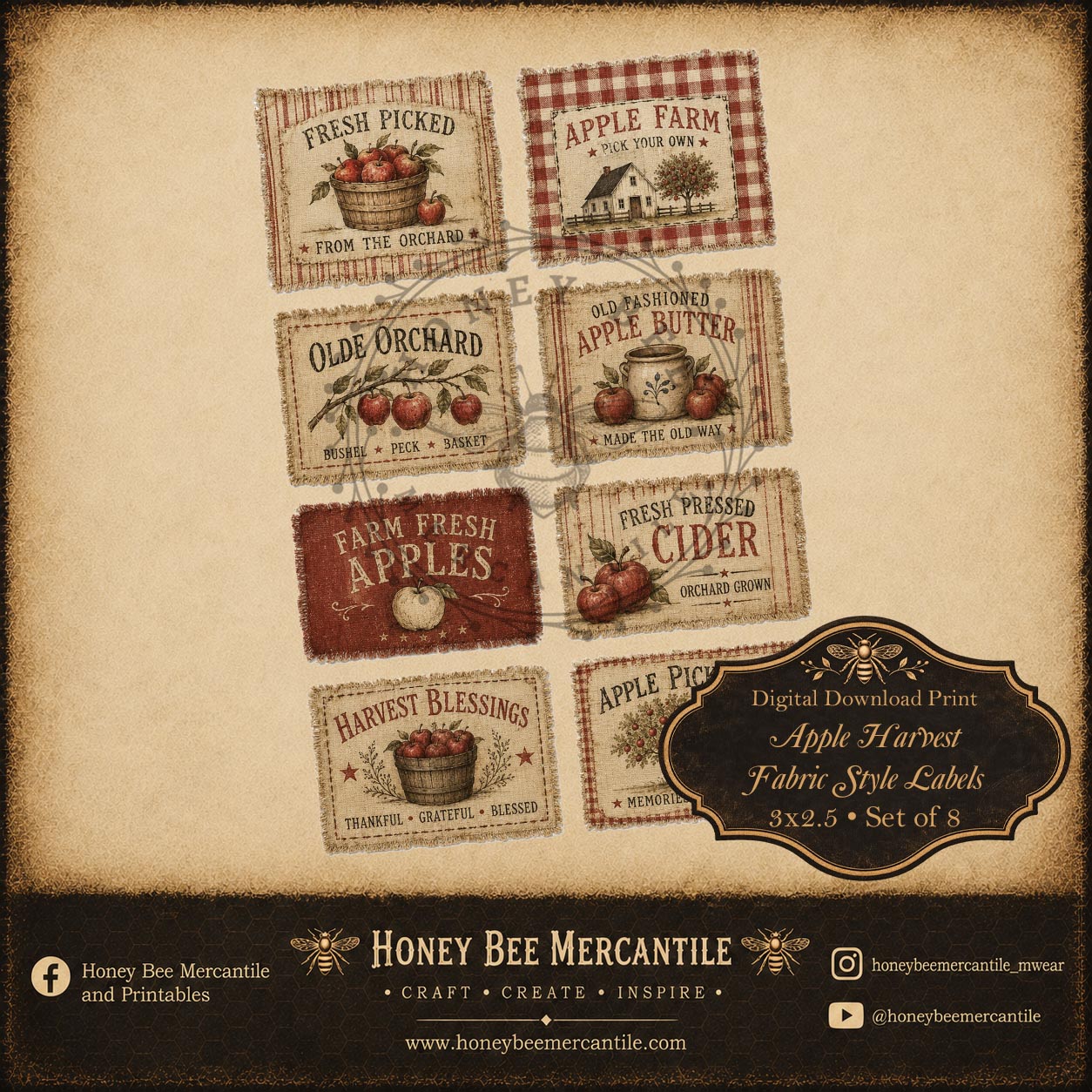 Apple Harvest, Fabric Style Labels, Set of 8, Digital Download, Printable, Decoupage, Craft Supplies