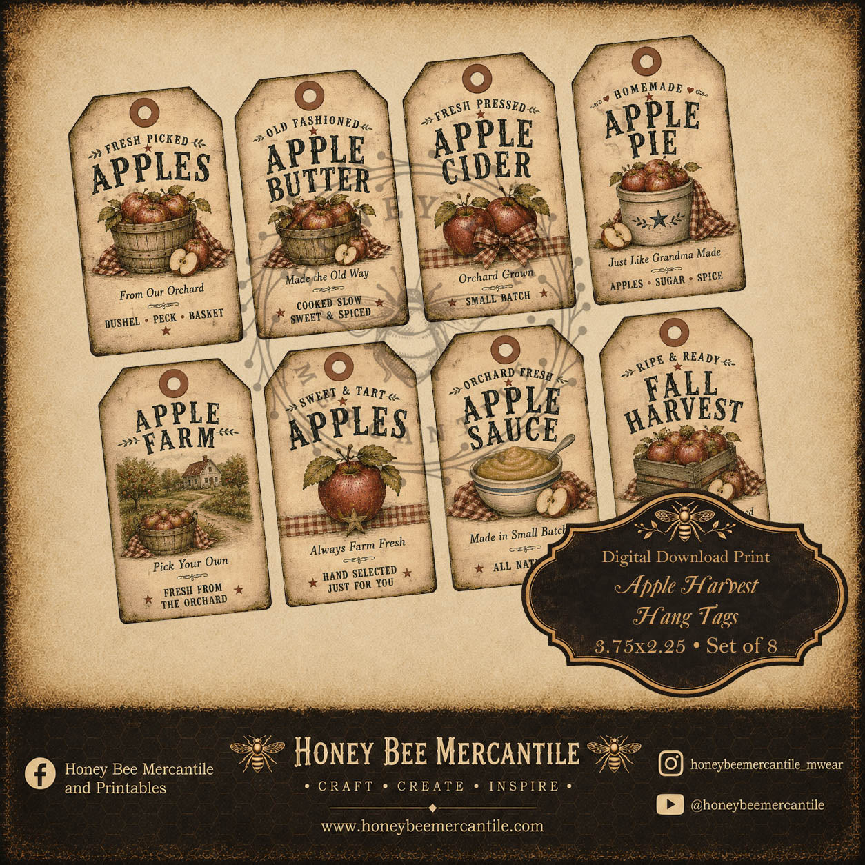 Apple Harvest, Hang Tags, Set of 8, Digital Download, Printable, Decoupage, Craft Supplies